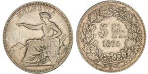 Suisse - 5 francs 1874 B. (Berne)
