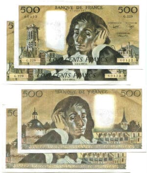 Lot de 2 billets de 500 francs Pascal 3-4-1985 (alphabet 1229)