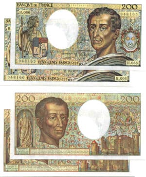 Lot de 2 billets de 200 francs Montesquieu 1989 (alphabet H 066)