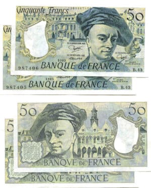 Lot de 2 billets de 50 francs Quentin de la Tour 1985 (alphabet B 43)
