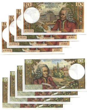 Lot de 4 billets de 10 francs Voltaire 7-12-1972 (alphabet F 825)