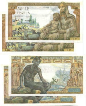 Lot de 2 billets de 1000 francs déesse Déméter 20-6-1942 (alphabet V 628)