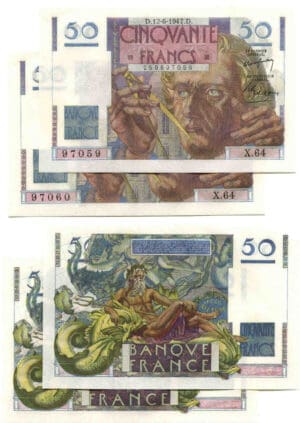 Lot de 2 billets de 50 francs Le Verrier 12-6-1947 (alphabet X 64)
