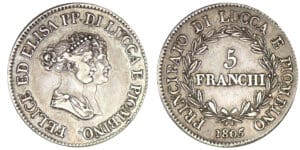 Italie - Principauté de Lucques et Piombino - Félix Bacciochi et Elisa Bonaparte - 5 franchi 1805 (Florence)