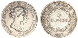 Italie - Principauté de Lucques et Piombino - Félix Bacciochi et Elisa Bonaparte - 5 franchi 1808 (Florence)
