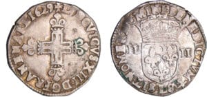 Louis XIII (1610-1643) - ¼ d'écu à la croix fleurdelisée, avers côté croix - 1629 L (Bayonne)