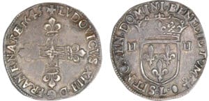 Louis XIV (1643-1715) - ¼ d'écu, frappe au marteau, avers côté croix - 1645 L (Bayonne