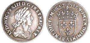 Louis XIII (1610-1643) - 1/12 d'écu du 2ème poinçon de Warin - 1643 A (Paris) rose, sans baies