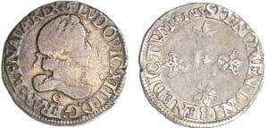 Louis XIII (1610-1643) - ½ franc au buste enfantin, tête laurée, col fraisé, au lis - 1615 C (Saint-Lô)
