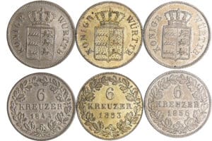 Allemagne - Wüttemberg - Wilhelm I (1816-1864) - Lot de 3 monnaies de 6 kreuzer