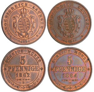 Allemagne - Sachsen - Johann (1854-1873) - Lot de 2 monnaies de 5 pfennig