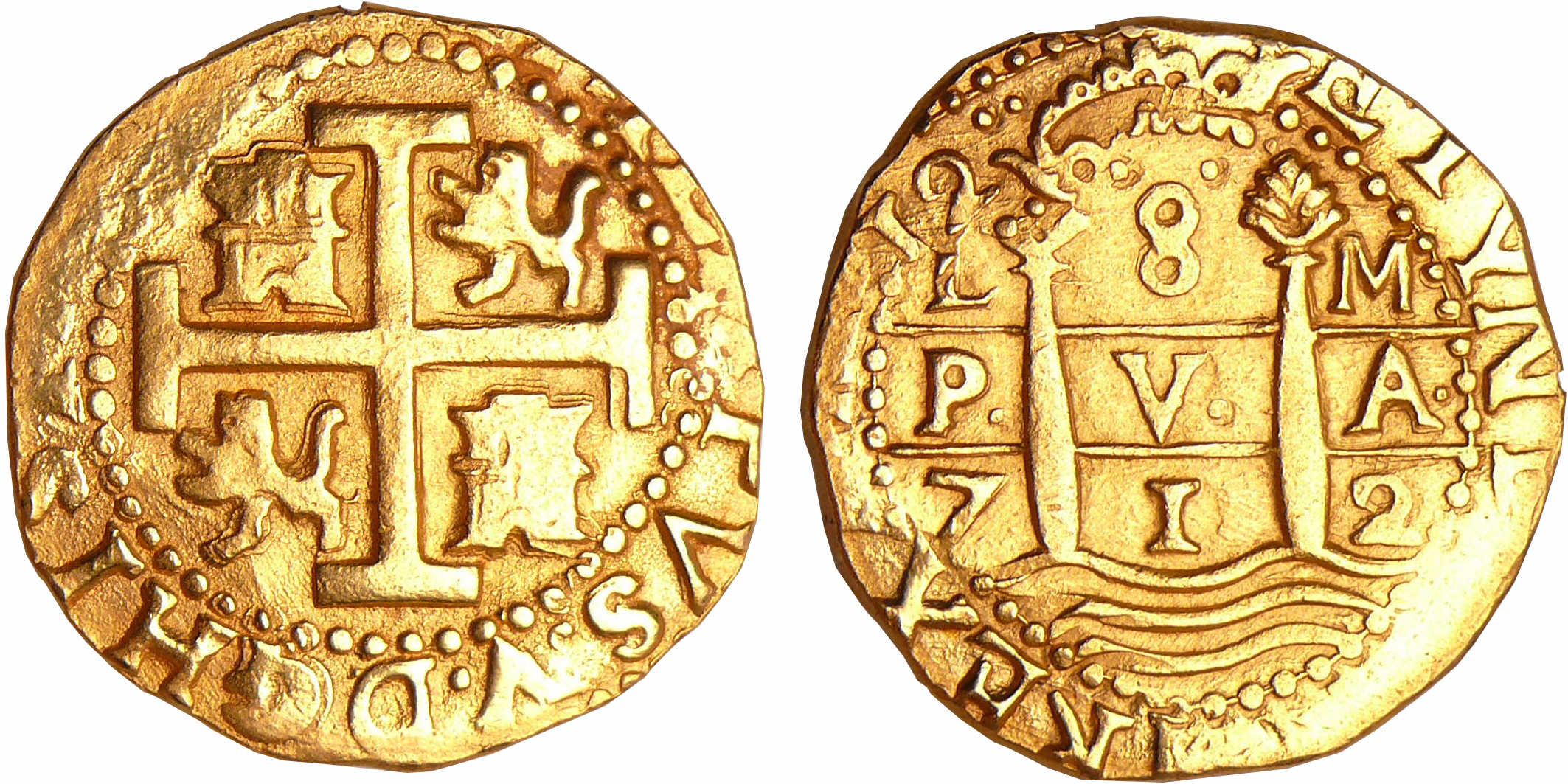 Pérou - Philip V (1700-1746) - 8 escudos 1712 LM (Lima) monnaie du naufrage de 1715 (Floride) Pérou - Philip V (1700-1746) - 8 escudos 1712 LM (Lima) monnaie du naufrage de 1715 (Floride)