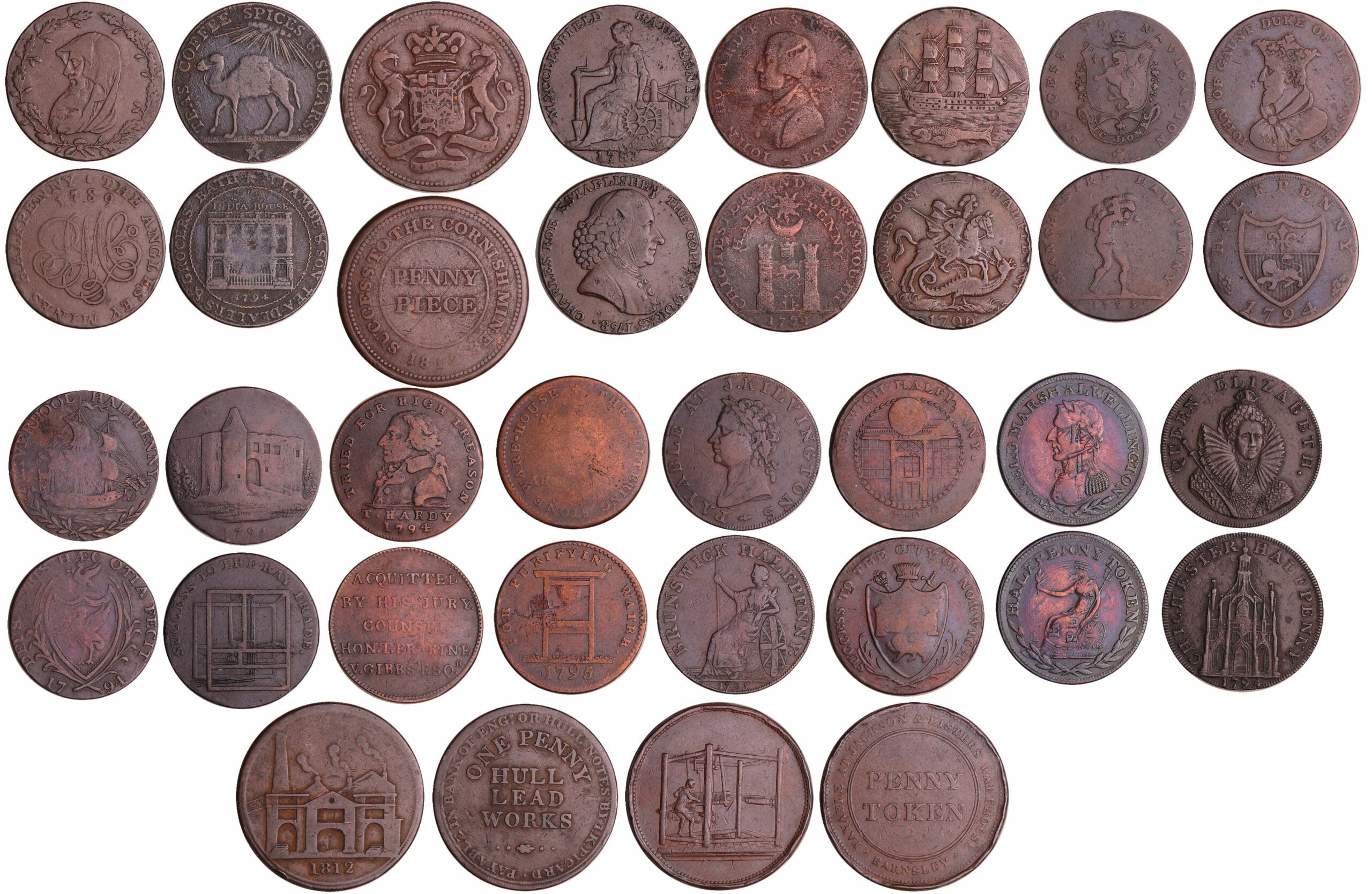 Grande-Bretagne - Lot de 18 token de cuivre 18ème et 19ème siècle Grande-Bretagne - Lot de 18 token de cuivre 18ème et 19ème siècle