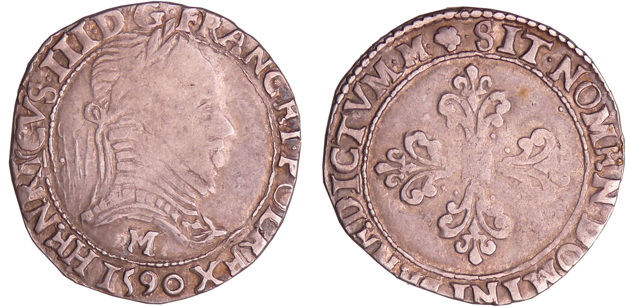 Henri III (1574-1589) - Ligue - Demi-franc au col plat - 1590 M (Toulouse). Henri III (1574-1589) - Ligue - Demi-franc au col plat - 1590 M (Toulouse).