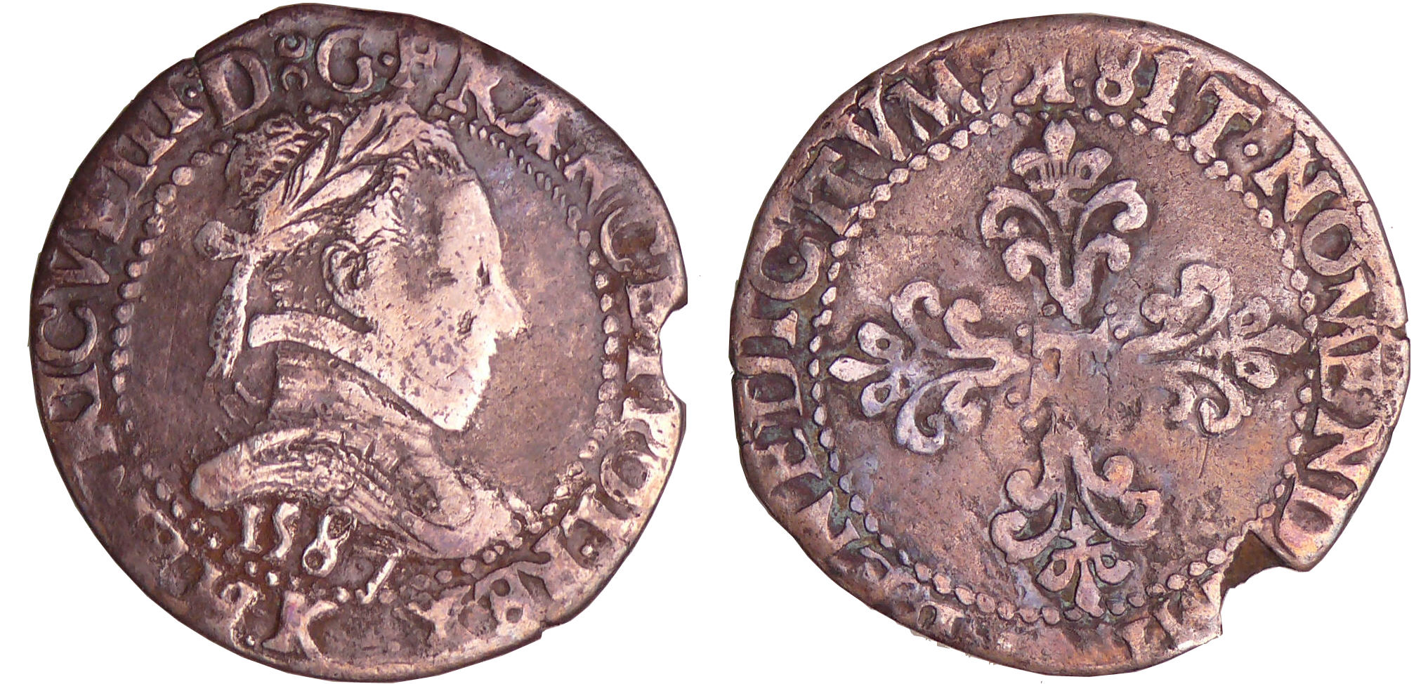 Henri III (1574-1589) - Demi-franc au col plat - 1587 K (Bordeaux) Henri III (1574-1589) - Demi-franc au col plat - 1587 K (Bordeaux)
