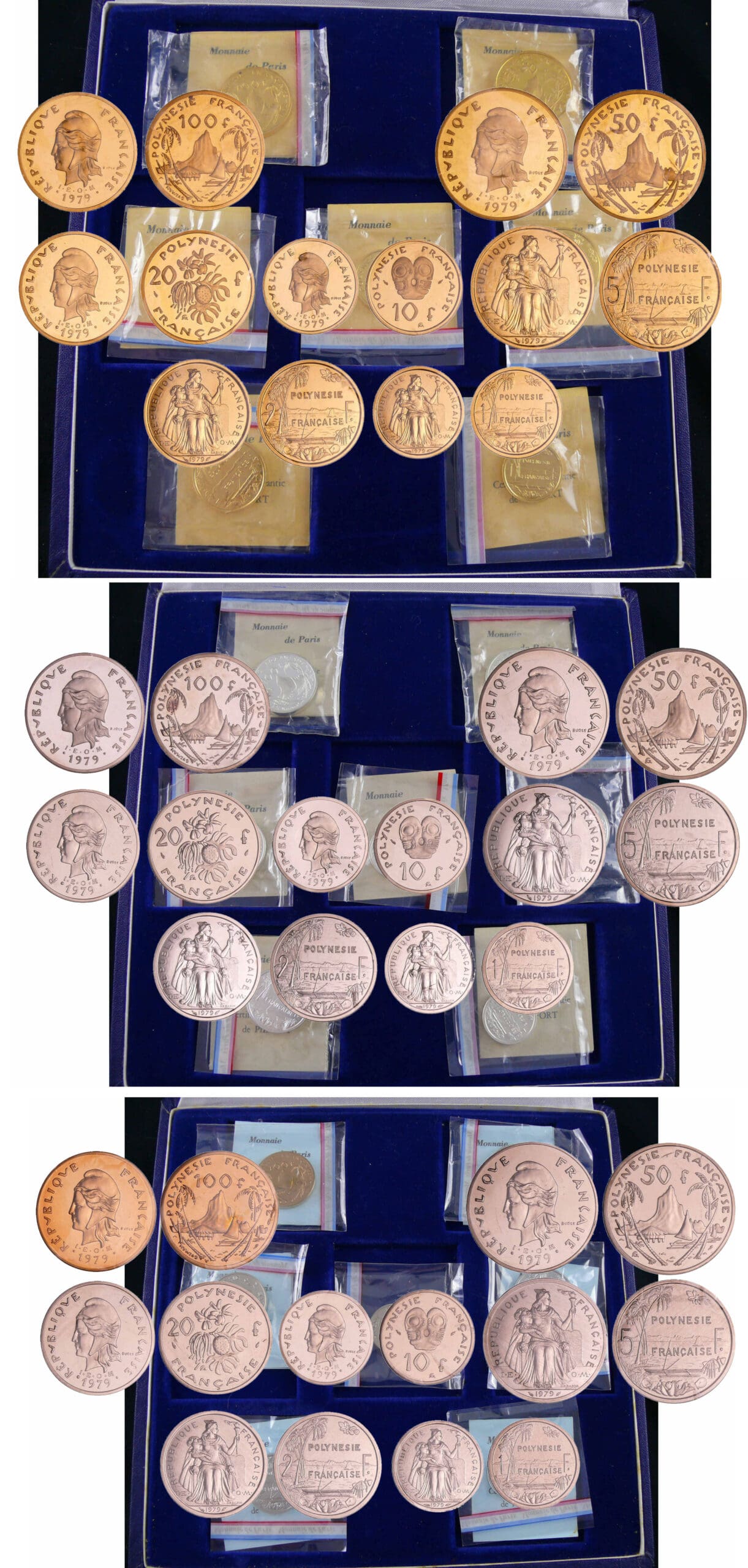 Polynésie Française - Ensemble complet de 21 piéforts 1979, (7 en Or, 7 Argent et 7 dans les métaux retenus pour la frappe commerciale) Polynésie Française - Ensemble complet de 21 piéforts 1979, (7 en Or, 7 Argent et 7 dans les métaux retenus pour la frappe commerciale)