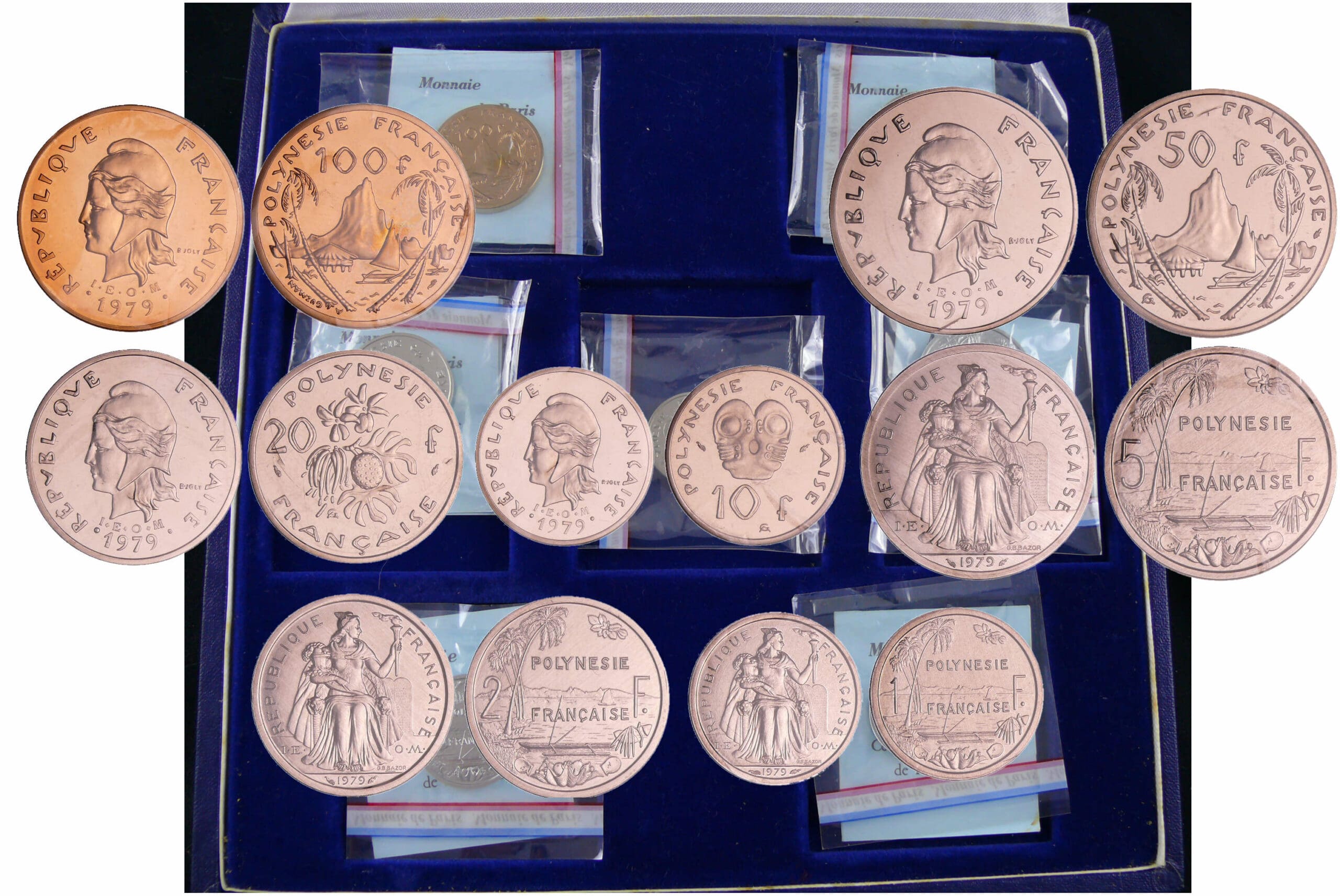 Polynésie Française - Lot des 7 piéforts en métaux de la frappe commerciale 1979 Polynésie Française - Lot des 7 piéforts en métaux de la frappe commerciale 1979