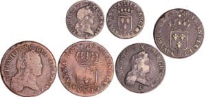 Louis XV (1715-1774) - Lot de 3 monnaies, Sol 1719 S, 1/2 sol 1720 S et liard 1721 S pour Reims