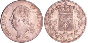 Louis XVIII (1815-1824) - 5 francs au buste nu 1824 MA (Marseille)