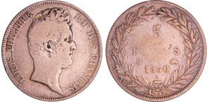 Louis-Philippe Ier (1830-1848) - 5 francs tête nue sans le I tranche en creux 1830 B (Rouen)