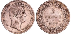 Louis-Philippe Ier (1830-1848) - 5 francs tête nue sans le I tranche en creux 1830 D (Lyon)