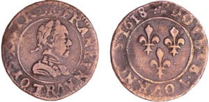 Louis XIII (1610-1643) - Double tournois au buste enfantin et col plat - 1618 R (Villeneuve)