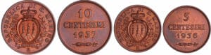 San Marin - Lot de 2 monnaies 5 centesimi 1936 et 10 centesimi 1937