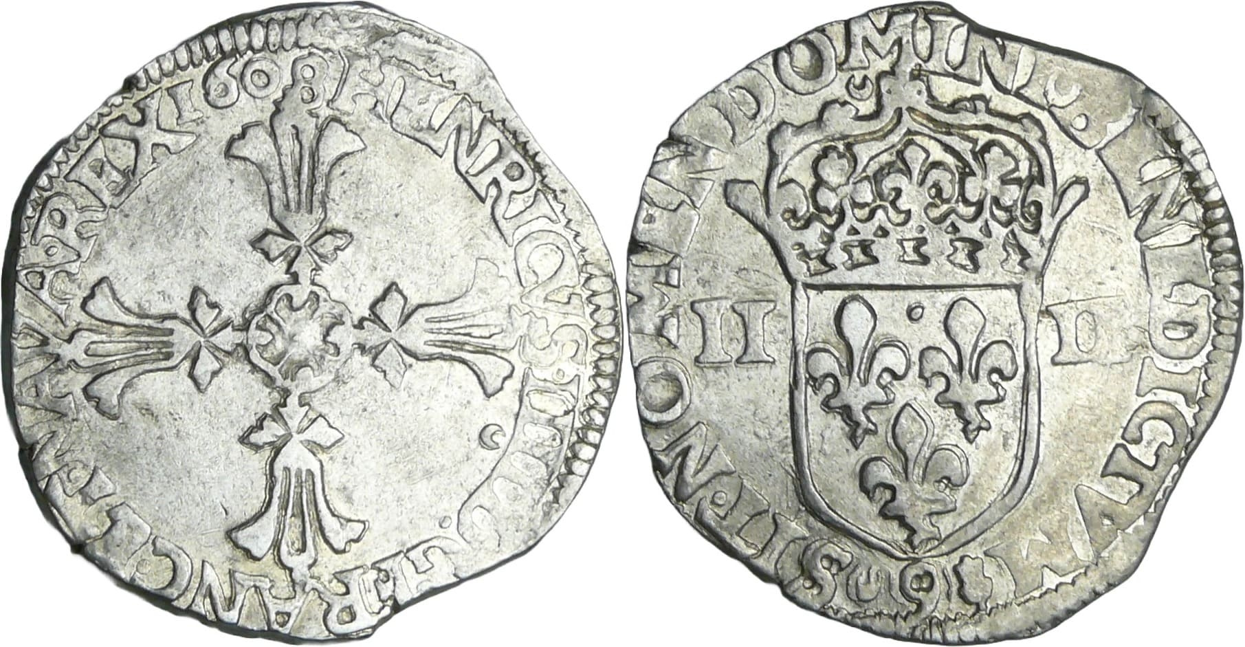 France - Henri IV (1589-1610) - Huitième d'écu à la croix feuillue - 1608 9 (Rennes) France - Henri IV (1589-1610) - Huitième d'écu à la croix feuillue - 1608 9 (Rennes)