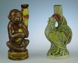 Lot de 2 bouteilles miniatures zoomorphes en céramique - Singe et coq