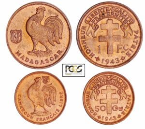 Madagascar et Cameroun - France libre - 1 franc et 50 centimes 1943