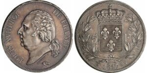 France - Louis XVIII (1815-1824) - 5 francs au buste nu 1817 W (Lille)