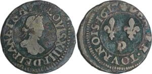 France - Louis XIII (1610-1643) - Denier tournois au buste enfantin et col plat - 1617 D (Lyon)