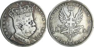 Italie - Savoie colonie d’Eritrée - Umberto I (1878-1900) - 5 lire ou Tallero 1891 (Rome)