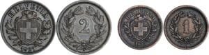 Suisse - 2 cent 1927 et 1 cent 1878