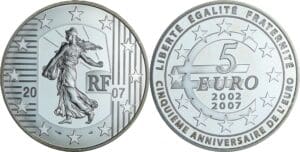 France - La Semeuse - Belle Épreuve de 5 euro - 5e anniversaire de l'euro 2007