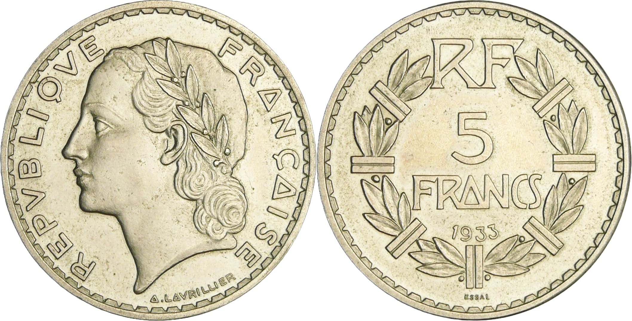 France - Troisième république (1871-1940) - Essai concours de 5 francs Lavrillier 1933 en cupro-nickel France - Troisième république (1871-1940) - Essai concours de 5 francs Lavrillier 1933 en cupro-nickel