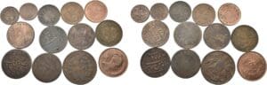 Inde - Lot de 13 pièces de bronze, dont certaines proviennent de Travancore, de Sailana et de la Compagnie des Indes orientales