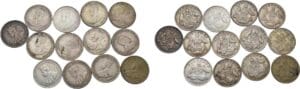 Australie - George V (1910-1936) - Lot de 13 pièces en argent de six pence entre 1910 et 1936
