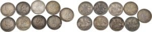 Australie - George V (1910-1936) - Lot de 9 pièces en argent de 1 shilling entre 1911 et 1917