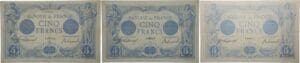 France - 5 francs (Bleu) Type 1905 - Lot de 3 billets