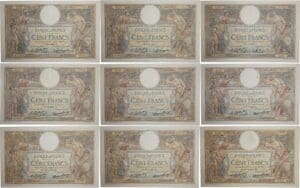 France - 100 francs (L.O. Merson) Type 1906 "grand cartouche" - Lot de 9 billets