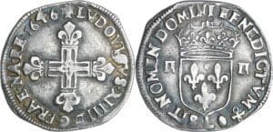 France - Louis XIV (1643-1715) - ¼ d'écu, frappe au marteau, avers côté croix - 1646 L (Bayonne)
