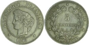 France - Troisième république (1871-1940) - Epreuve en Cupro-Nickel 5 centimes Cérès 1896 A, frappée sur un flan de 1 fr Réunion 1896