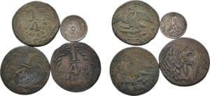 Mexique - Lot de 4 pièces, pièces de 1/4 de réal (1834, 1835, 1836) et 5 centavos (1891)