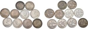 Australie - George V (1910-1936) - Lot de 10 pièces en argent de six pence entre 1910 et 1936