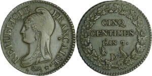 France - Directoire (1795-1799) - 5 centimes Dupré - grand module - An 7/5 D (Lyon avec lévrier décalé