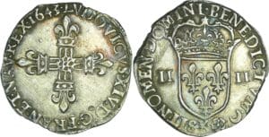 France - Louis XIV (1643-1715) - ¼ d'écu, frappe au marteau, avers côté croix - 1643 K (Bordeaux)