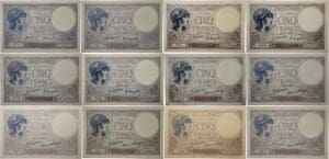 France - 5 francs (Violet) Type 1917 - Lot de 12 billets