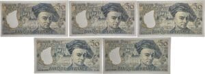 France - 50 francs (Quentin de la Tour) Type 1976 - Lot de 5 billets