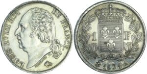 France - Louis XVIII (1815-1824) - 1 franc au buste nu 1824 A (Paris)